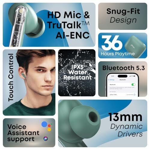 Ptron Bassbuds Gomax In-Ear Tws Earbuds, Hd Mic & Trutalk Ai-Enc Calls, 36H Playtime, 13Mm Drivers, Bluetooth 5.3 Wireless Headphones, Voice Assist, Type-C Fast Charging & Ipx5 Water Resistant (Green)