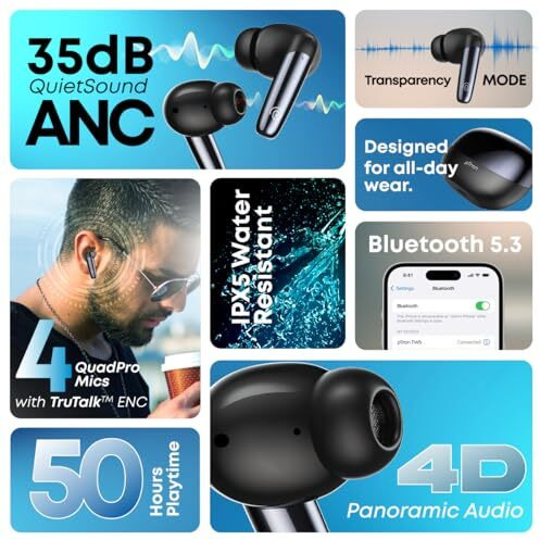 Ptron Zenbuds Ultima Anc Earbuds, 35Db Quietsound Anc, 4 Quadpro Mics With Trutalk Enc Calls, 4D Panaromic Audio, Transparency Mode,50Hrs Playtime,In Ear Bt 5.3 Wireless Headphones & Ipx5(Pearl Black
