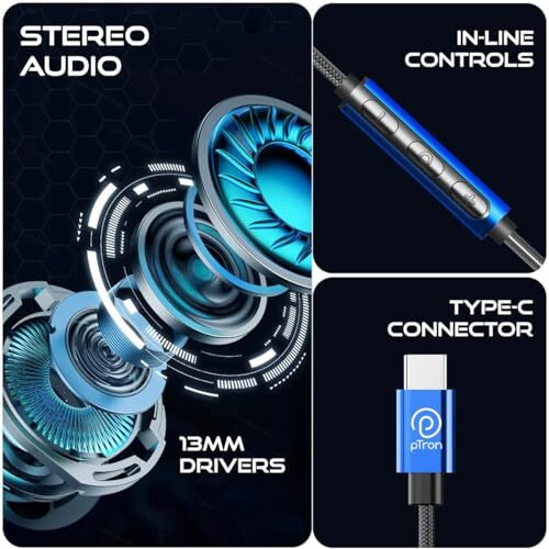 Ptron Boom Play X1 In Ear Type C Wired Headphones With Mic, 13Mm Driver For Immersive Audio, 1.2M Fish Scale Style Tangle-Free Cable, In-Line Controls, Metal Buds, Snug-Fit & Wide Compatibility (Blue)