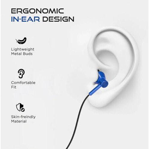 Ptron Boom Play X1 In Ear Type C Wired Headphones With Mic, 13Mm Driver For Immersive Audio, 1.2M Fish Scale Style Tangle-Free Cable, In-Line Controls, Metal Buds, Snug-Fit & Wide Compatibility (Blue)