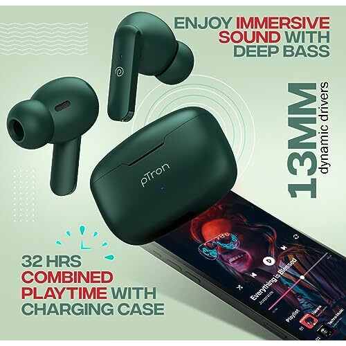 Ptron Bassbuds Duo In-Ear Wireless Earbuds, Immersive Sound, 32H Playtime, Clear Calls Tws Earbuds, Bluetooth V5.1 Headphone, Type-C Fast Charging, Voice Assistant & Ipx4 Water Resistant (Dark Green)
