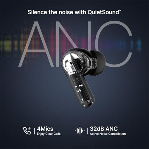 Ptron Zenbuds 1 V2 Anc Bluetooth In Ear Earbuds 32Db Quietsound Tech,13Mm Hyperdrivers With 4D Panaromic Audio,4 Quadpro Anc Mics,40Ms Low Latency Game/Music Modes,Bluetooth V5.3&Typec Charging(Blue)