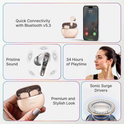 Ptron Bassbuds Astra In-Ear Tws Earbuds With Stereo Sound, 34Hrs Playtime, Stereo Calls, Bluetooth V5.3 Headphones With Quick Pairing, Touch Control, Voice Assistant, Type C Charging & Ipx4 (Brown)