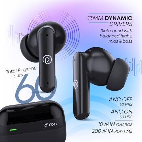 Ptron Zenbuds 1 Anc Tws Earbuds With 28Db Active Noise Cancellation Tws, Quad Mic Trutalk Enc Calls, 60Hrs Playtime, 45Ms Game/Movie Mode & In-Ear Bluetooth 5.3 Wireless Headphones (Jet Black)