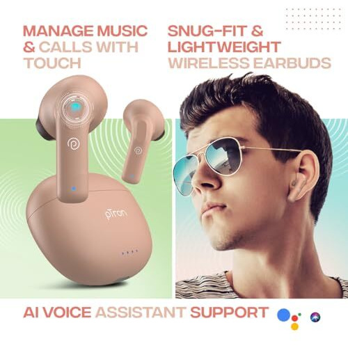 Ptron Bassbuds Nx In-Ear Tws Earbuds, Trutalk Ai-Enc Calls, 32Hrs Playtime, 13Mm Drivers, Bluetooth V5.3 Wireless Headphones, Voice Assistant, Type-C Fast Charging & Ipx5 Water Resistant (Sand Brown)