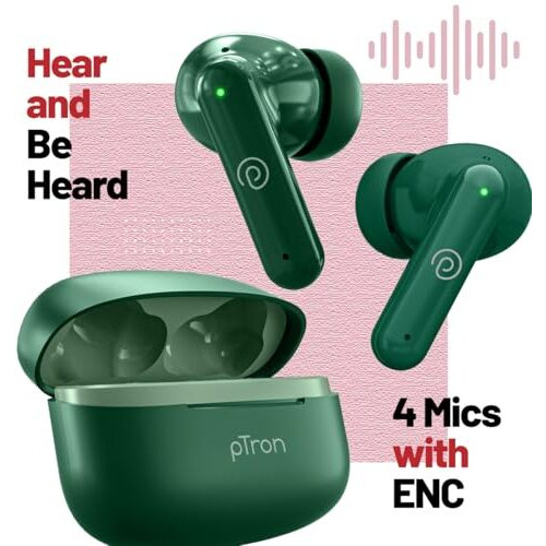 Ptron Zenbuds X1 Quad Mic Tws Earbuds, 40Hrs Playtime, In-Ear Sensor, Trutalk Ai-Enc Calls, 40Ms Movie/Music Modes, Bluetooth 5.3 Headphones, Typec Fast Charging & Ipx5 Water Resistant (Forest Green)