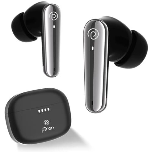 Ptron Basspods Tour Tws Earbuds With 3D Audioscape, 45Hrs Playtime, Trutalk Ai-Enc Calls, 50Ms Low Latency Sync, Bt V5.3, Type-C Fast Charging, Voice Asst. & Ipx5 Water Resistant (Black)