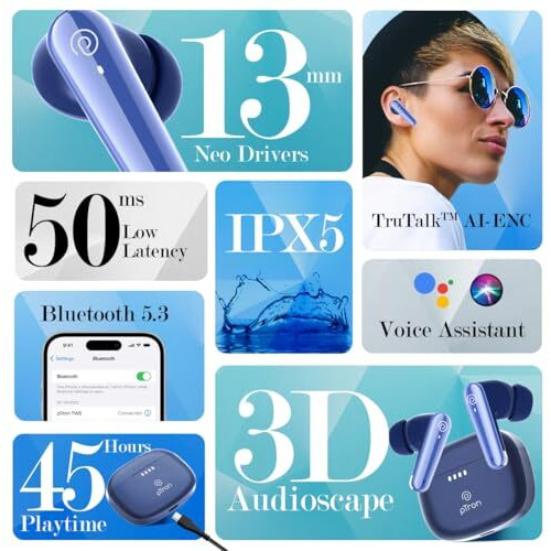 Ptron Basspods Tour Tws Earbuds With 3D Audioscape, 45Hrs Playtime, Trutalk Ai-Enc Calls, 50Ms Low Latency Sync, Bt V5.3, Type-C Fast Charging, Voice Asst. & Ipx5 Water Resistant (Blue)