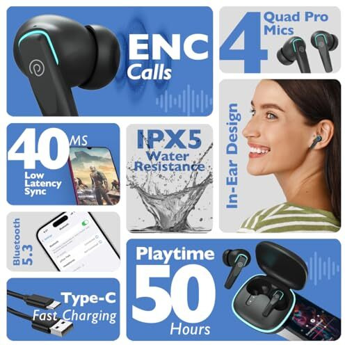 Ptron Zenbuds Evo X2 In-Ear Tws Earbuds With Quad Mic & Trutalk Enc Calls, 50Hrs Playtime, 40Ms Low Latency Sync, Bluetooth V5.3, Type-C Fast Charging & Ipx5 Water Resistant (Jet Black)