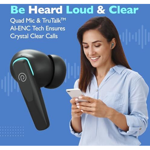 Ptron Zenbuds Evo X2 In-Ear Tws Earbuds With Quad Mic & Trutalk Enc Calls, 50Hrs Playtime, 40Ms Low Latency Sync, Bluetooth V5.3, Type-C Fast Charging & Ipx5 Water Resistant (Jet Black)
