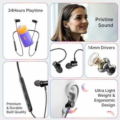 Ptron Newly Launched Tangent Evolve With 34Hrs Playtime, Hd Mic, Pristine Sound, Bluetooth V5.3 With Dual-Device Pairing Wireless Neckband, Voice Assistant, Type-C Fast Charging & Ipx4 (Black)