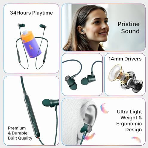 Ptron Newly Launched Tangent Evolve With 34Hrs Playtime, Hd Mic, Pristine Sound, Bluetooth V5.3 With Dual-Device Pairing Wireless Neckband, Voice Assistant, Type-C Fast Charging & Ipx4 (Green)