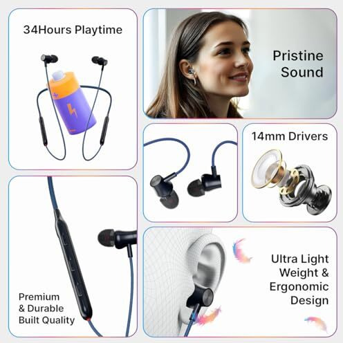 Ptron Newly Launched Tangent Evolve With 34Hrs Playtime, Hd Mic, Pristine Sound, Bluetooth V5.3 With Dual-Device Pairing Wireless Neckband, Voice Assistant, Type-C Fast Charging & Ipx4 (Black/Blue)