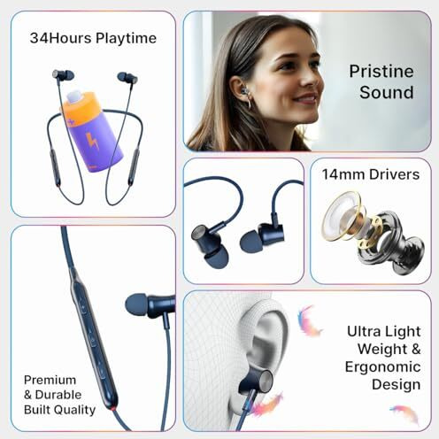 Ptron Newly Launched Tangent Evolve With 34Hrs Playtime, Hd Mic, Pristine Sound, Bluetooth V5.3 With Dual-Device Pairing Wireless Neckband, Voice Assistant, Type-C Fast Charging & Ipx4 (Blue)