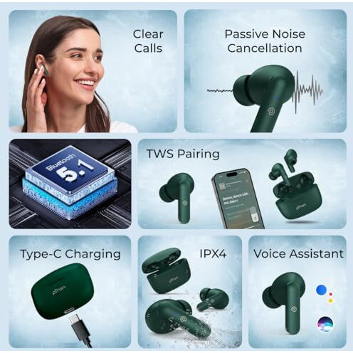 Ptron Basspods P81 In-Ear Wireless Earbuds, Pristine Sound, 32Hrs Playtime, Clear Calls Tws Earbuds, Bluetooth V5.1 Headphone, Type-C Fast Charging, Voice Assist & Ipx4 Water Resistant (Green)
