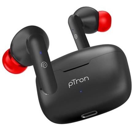 Ptron Basspods P81 In-Ear Wireless Earbuds, Pristine Sound, 32Hrs Playtime, Clear Calls Tws Earbuds, Bluetooth V5.1 Headphone, Type-C Fast Charging, Voice Assist & Ipx4 Water Resistant (Black & Red)