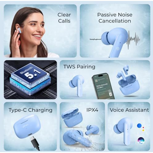 Ptron Basspods P81 In-Ear Wireless Earbuds, Pristine Sound, 32Hrs Playtime, Clear Calls Tws Earbuds, Bluetooth V5.1 Headphone, Type-C Fast Charging, Voice Assist & Ipx4 Water Resistant (Blue Matt)