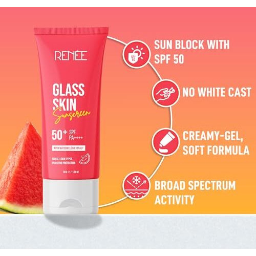 Renee Glass Skin Gel Sunscreen Spf 50, Uva & Uvb Protection, Lightweight, Hydrating & Non-Sticky, Zero White Cast, For Radiant, Supple Skin, Infused With Watermelon, Beetroot & Hyaluronic Acid 50Gm