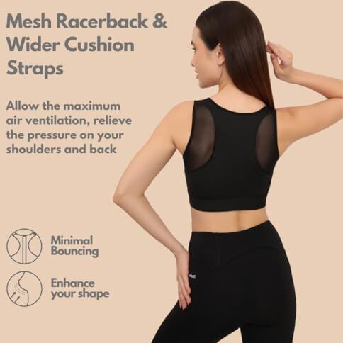 Glamoras Women's Sports Bra | Wirefree Full Coverage Sports Bra | High Impact Mesh Racerback Design With Front Zip, Cushion Straps & Removable Pads | Ideal For Gym, Yoga, Fitness Workouts (Black,Xl)