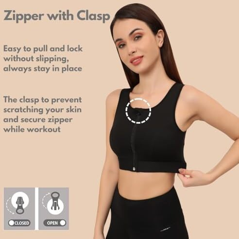 Glamoras Women's Sports Bra | Wirefree Full Coverage Sports Bra | High Impact Mesh Racerback Design With Front Zip, Cushion Straps & Removable Pads | Ideal For Gym, Yoga, Fitness Workouts (Black,Xl)
