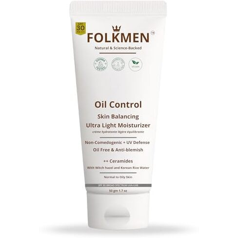 Folkmen Oil Control Ultra Light Moisturizer For Men| Prevents Dark Spots & Blemishes|Oily & Acne-Prone Skin|Rice Water & Ceramides|Spf 30 Pa+++|Oil-Free|Fast Absorbing|50 Gm