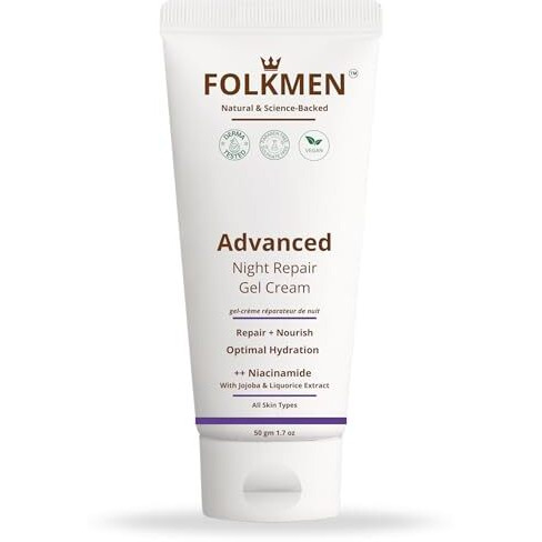 Folkmen Advanced Night Repair Gel Cream For Men | Anti-Aging, Reduces Dark Spots, Brightens Skin | Niacinamide, Liquorice Extract & Jojoba |For Normal, Combination And Oily Skin Types, 50 Gm