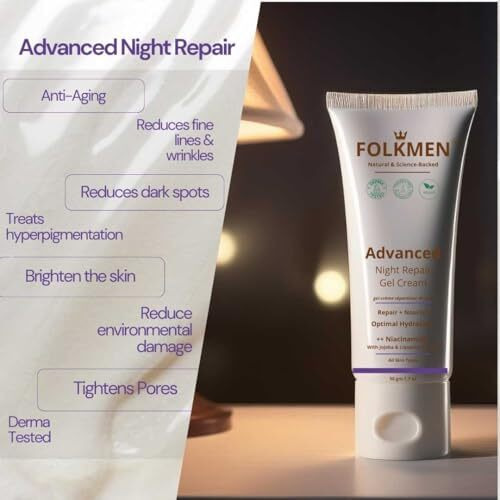 Folkmen Advanced Night Repair Gel Cream For Men | Anti-Aging, Reduces Dark Spots, Brightens Skin | Niacinamide, Liquorice Extract & Jojoba |For Normal, Combination And Oily Skin Types, 50 Gm