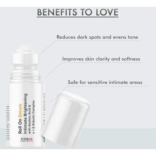 Cos-Iq Intimate Brightening Roll-On Serum | With Azelaic Acid & Alpha + Beta Arbutin Complex | For Dark Underarms, Inner Thighs, Knees & Bikini Area | Intimate Areas For Women & Men | 40Ml