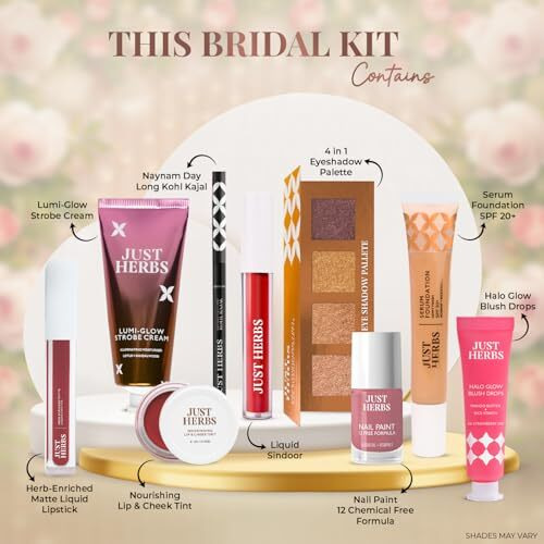 Just Herbs Wedding Kit Glam Essentials With Matte Lipstick | Lip & Cheek Tint | Strobe Cream | Kajal | Sindoor | Eyeshadow Palette | Nail Paint | Serum Foundation | Blush Drops All In One Makeup Gifting Kit For Women (Pack Of 9)
