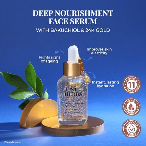 Just Herbs 24K Gold Bakuchiol Face Serum For Fights Signs Of Ageing | Improve Skin Elasticity | Instant Lasting Hydration All Skin Types For Men And Women 30Ml