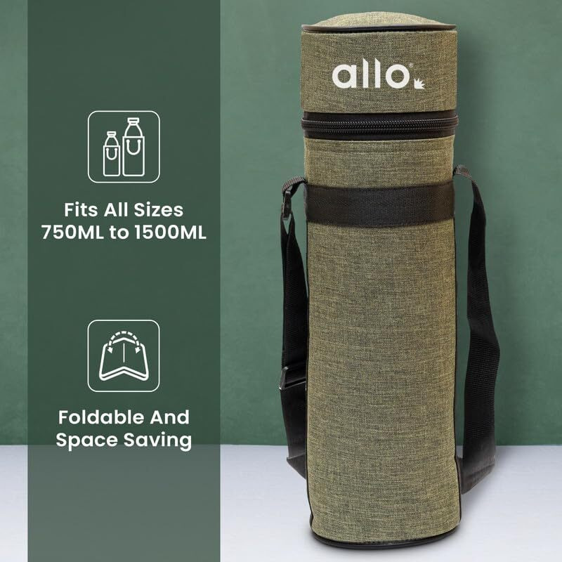 Allo Polyester Thermal Insulated Water Bottle Cover 750Ml, 1L To 1.5 Litre - Waterproof Modern Carrier Bag With Adjustable Shoulder Strap & Zipper For Travel, Hiking, Office & School Kids, Green