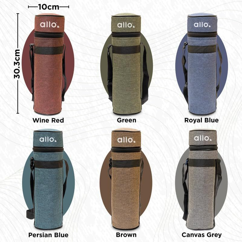 Allo Polyester Thermal Insulated Water Bottle Cover 750Ml, 1L To 1.5 Litre - Waterproof Modern Carrier Bag With Adjustable Shoulder Strap & Zipper For Travel, Hiking, Office & School Kids, Green