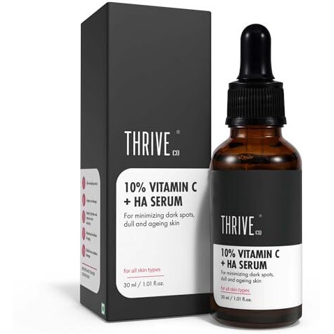Thriveco 10% Vitamin C Serum For Face With Hyaluronic Acid | Gives Instant Brightening Effect & Glowing Skin | For Men & Women | All Skin Types | Non-Sticky, Vegan, Fragrance & Cruelty-Free | 30Ml