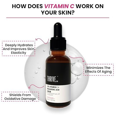 Thriveco 10% Vitamin C Serum For Face With Hyaluronic Acid | Gives Instant Brightening Effect & Glowing Skin | For Men & Women | All Skin Types | Non-Sticky, Vegan, Fragrance & Cruelty-Free | 30Ml
