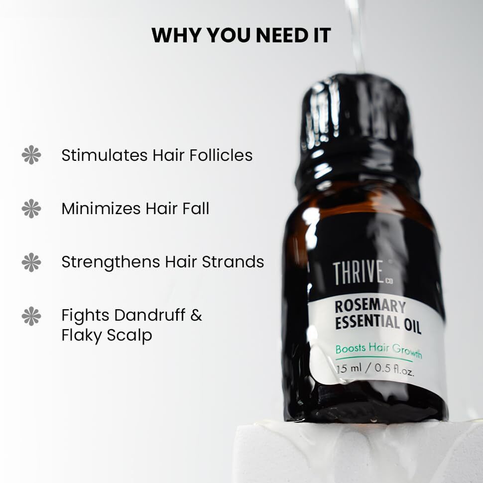 Thriveco Rosemary Essential Oil For Hair Growth & Hair Fall Control | Reduces Hair Breakage & Improves Scalp Health | 100% Pure, Certified Organic & Natural | With Vitamin E | For Men & Women | 15Ml