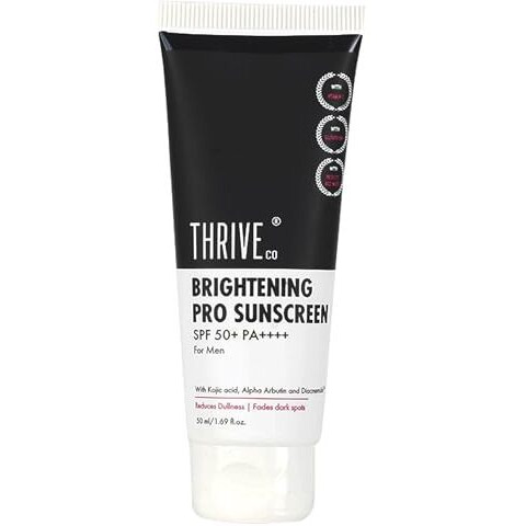 Thriveco Brightening Pro Sunscreen For Men | Spf 50+ Pa++++ | Zero White Cast | Kojic Acid, Vitamin C & Diacnemide | Non-Sticky & Anti-Ageing | Boosts Collagen, Fades Dark Spots & Wrinkles | 50Ml