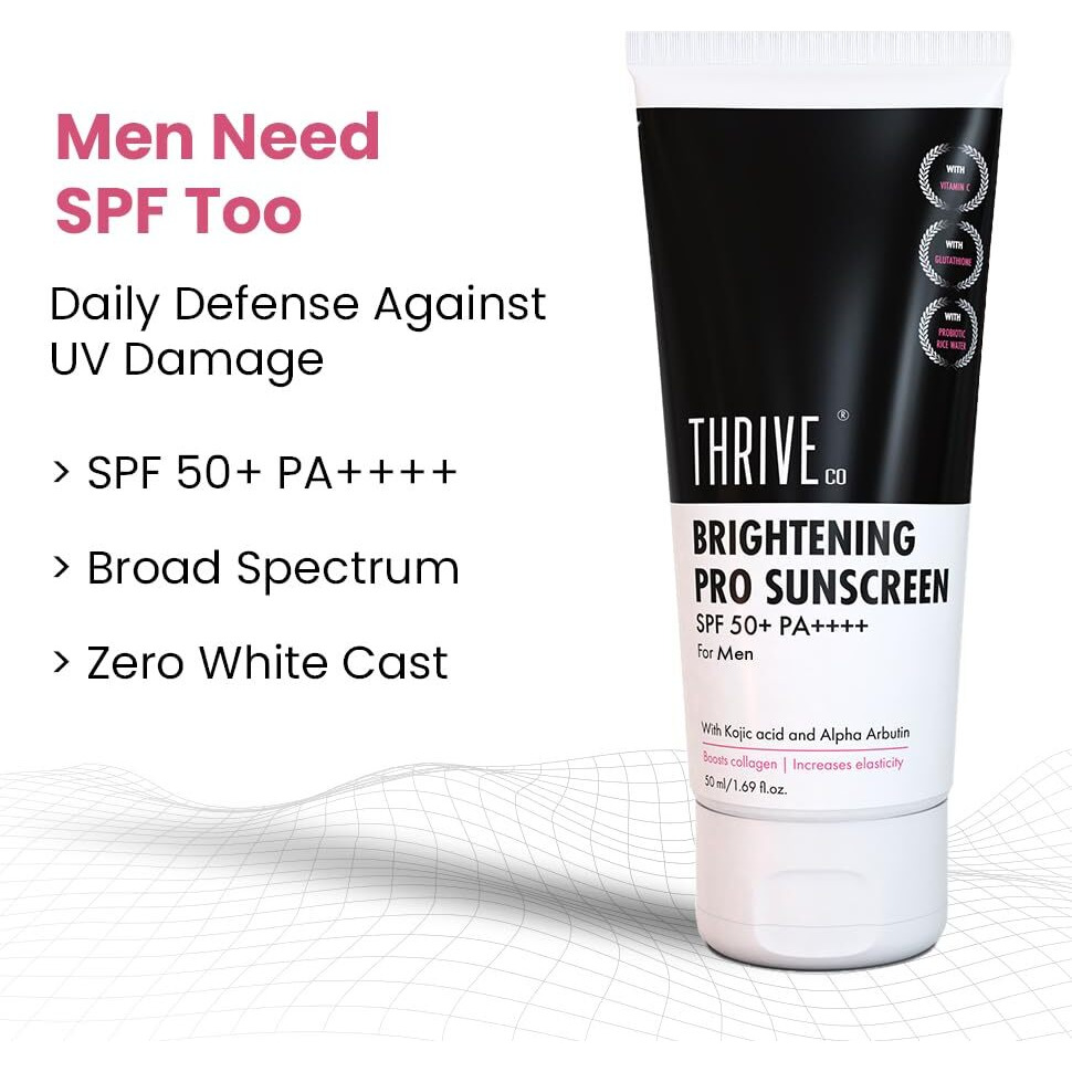 Thriveco Brightening Pro Sunscreen For Men | Spf 50+ Pa++++ | Zero White Cast | Kojic Acid, Vitamin C & Diacnemide | Non-Sticky & Anti-Ageing | Boosts Collagen, Fades Dark Spots & Wrinkles | 50Ml