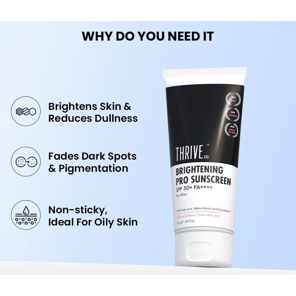 Thriveco Brightening Pro Sunscreen For Men | Spf 50+ Pa++++ | Zero White Cast | Kojic Acid, Vitamin C & Diacnemide | Non-Sticky & Anti-Ageing | Boosts Collagen, Fades Dark Spots & Wrinkles | 50Ml