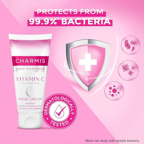 Charmis Deep Radiance Vitamin C Cream For Hands With Hyaluronic Acid, Protection From 99.9% Bacteria And Hydrated Hands, Non Sticky And Quick Absorbing, All Skin Types, 150G
