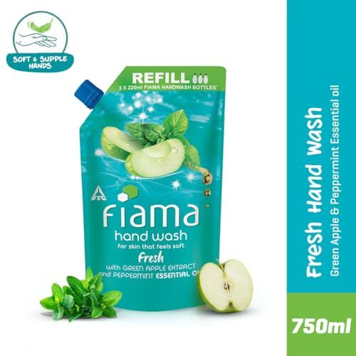 Fiama Fresh Hand Wash, 750 Ml Refill Pack, Value Pouch, Peppermint Oil & Green Apple Extract Handwash, For Soft & Supple Hands