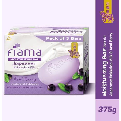 Fiama Moisturizing Soap Bar, Japanese Hokkaido Milk & Acai Berry, Soap Pack Of 3, Non-Sticky Moisturized Skin, 1/3Rd Skin Moisturizers, Vitamin F, Fragrant Freshness