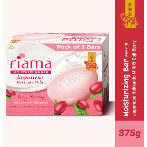 Fiama Moisturizing Soap Bar, Japanese Hokkaido Milk & Goji Berry, Soap Pack Of 3, Non-Sticky Moisturized Skin, 1/3Rd Skin Moisturizers, Vitamin F, Fragrant Freshness