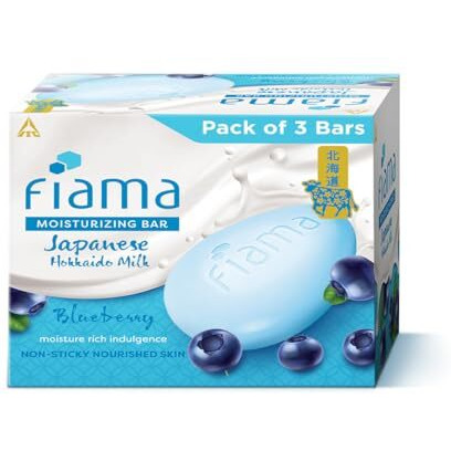 Fiama Moisturizing Soap Bar, Japanese Hokkaido Milk & Blueberry, Soap Pack Of 3, Non-Sticky Moisturized Skin, 1/3Rd Skin Moisturizers, Vitamin F, Fragrant Freshness