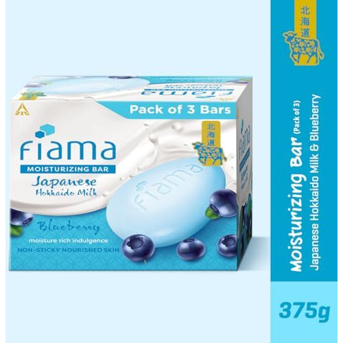 Fiama Moisturizing Soap Bar, Japanese Hokkaido Milk & Blueberry, Soap Pack Of 3, Non-Sticky Moisturized Skin, 1/3Rd Skin Moisturizers, Vitamin F, Fragrant Freshness
