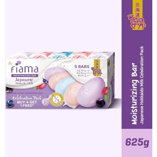 Fiama Moisturizing Soap Bars Celebration Pack, Japanese Hokkaido Milk & Berries, Fiama Soaps Pack Of 5, Non-Sticky Moisturized Skin, 1/3Rd Skin Moisturizers, Vitamin F, Buy 4 Get 1 Free
