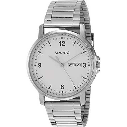 Sonata Quartz Analog With Day And Date White Dial Stainless Steel Strap Watch For Men-Ns77083Sm01