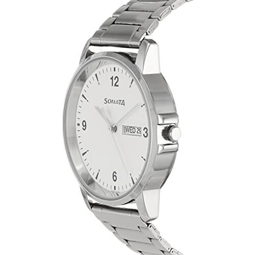 Sonata Quartz Analog With Day And Date White Dial Stainless Steel Strap Watch For Men-Ns77083Sm01