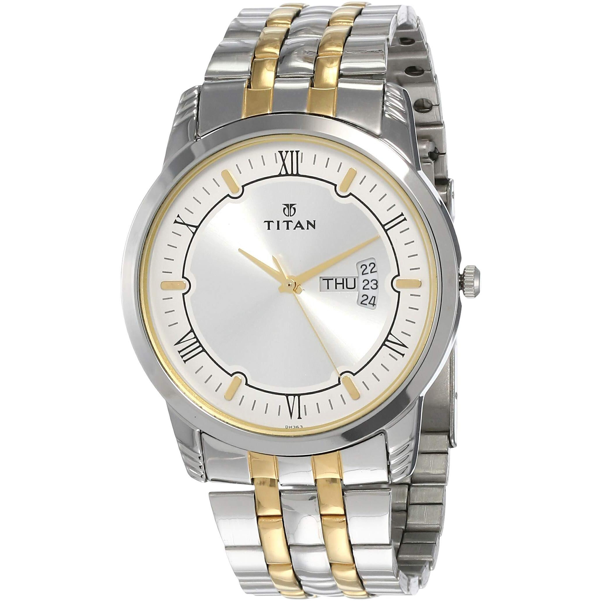 Titan Metal Silver Analog With Day And Date Stainless Steel Strap Watch For Men-Ns1774Bm01/Nt1774Bm01