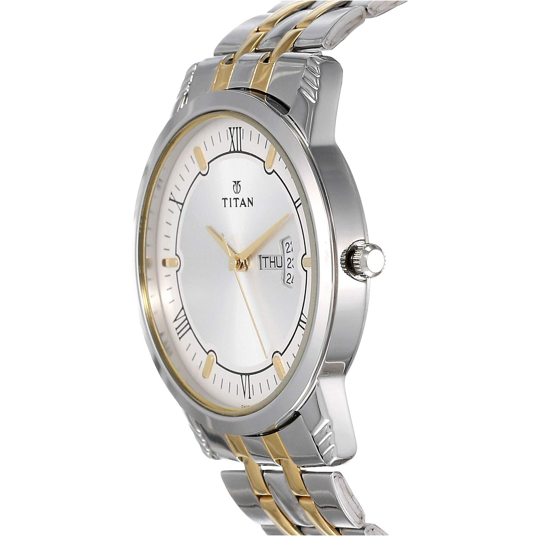 Titan Metal Silver Analog With Day And Date Stainless Steel Strap Watch For Men-Ns1774Bm01/Nt1774Bm01