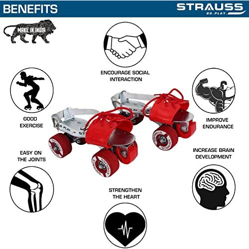 Strauss Senior Tenacity Roller Skates | Roller Blades For Kids | Adjustable Shoe Size | Ideal For Indoor And Outdoor Skating | Suitable For Age Group Above 9 Years, (Silver/Red)